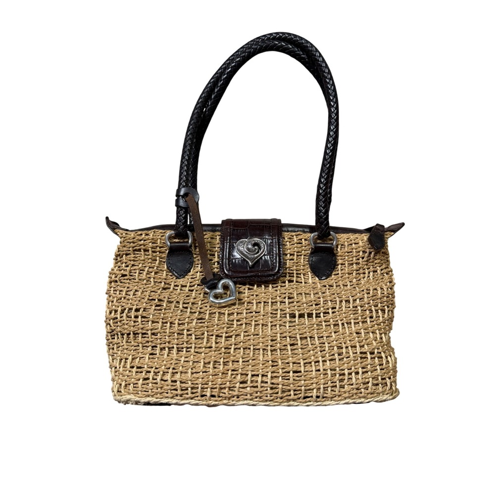 Brighton Straw Woven Shoulder Bag Brown Leather Trim Heart Charm Summer